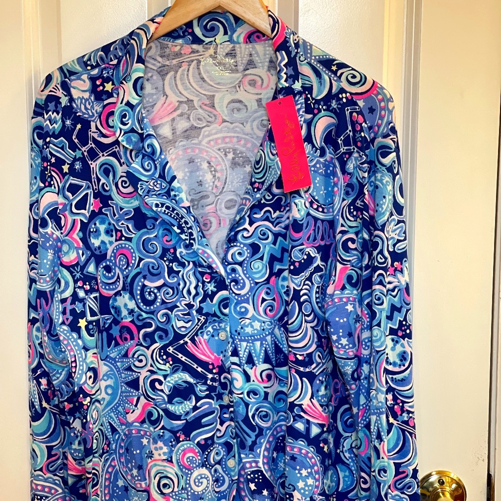 LILLY PULITZER WOMEN’’S BLOUSE, PJ LOUNGE SHIRT, XXL NWT BLU PINK, Lapis Lazuli